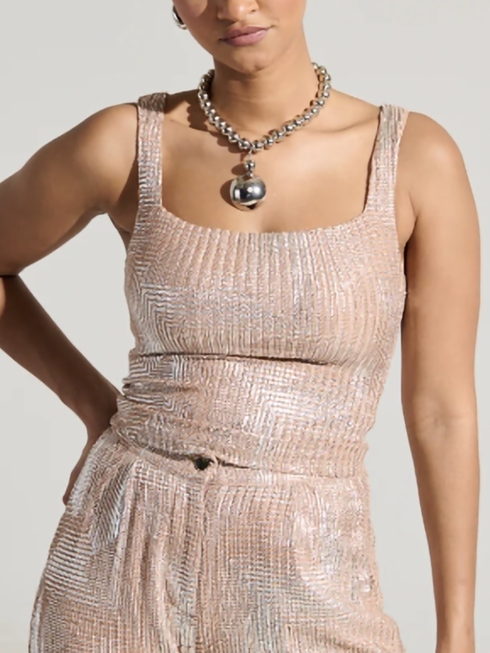AKIRA Metallic Beige Strapless Top